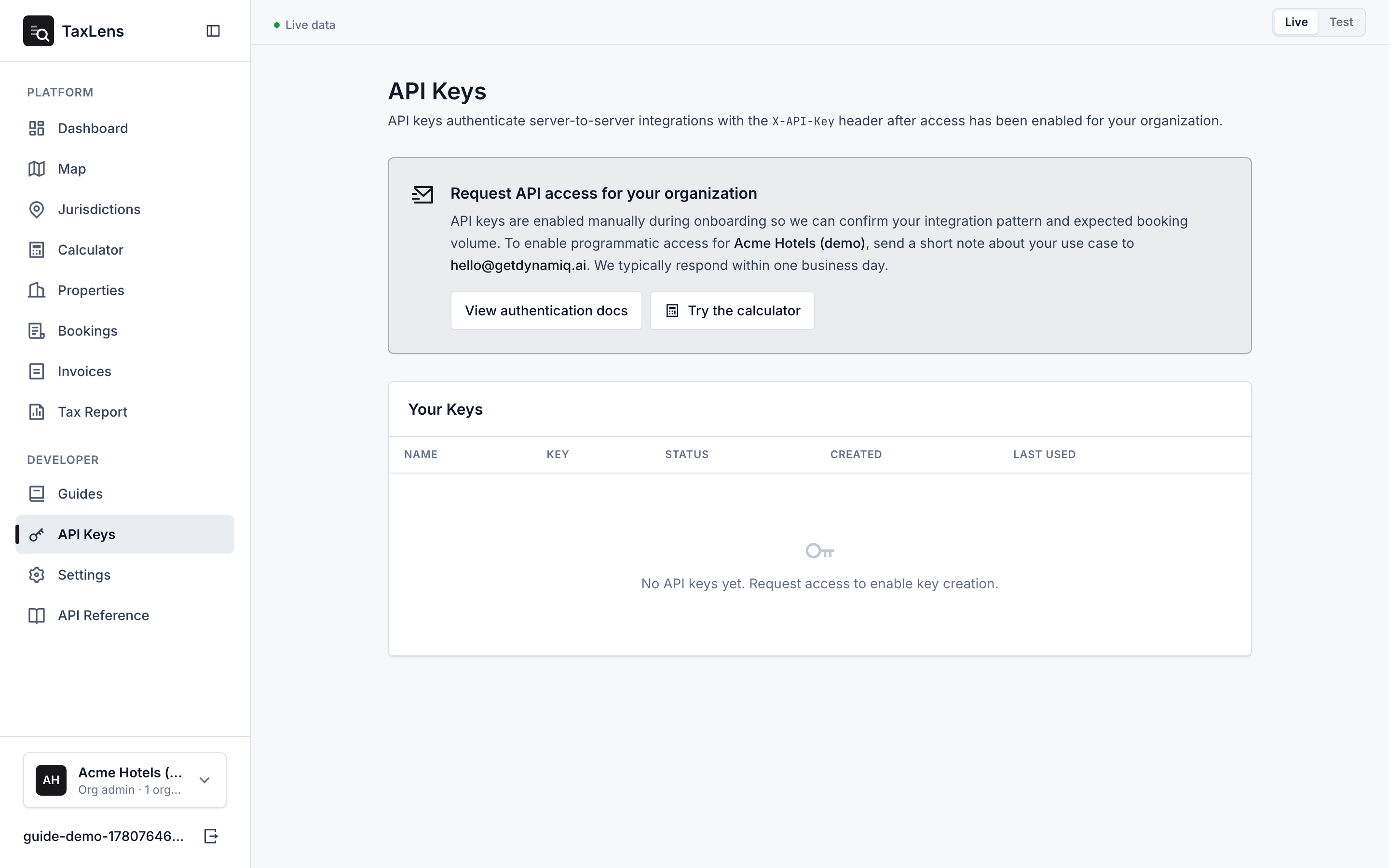 The API Keys screen before access is enabled, showing the Request API access prompt where the create-key form and keys table will appear.