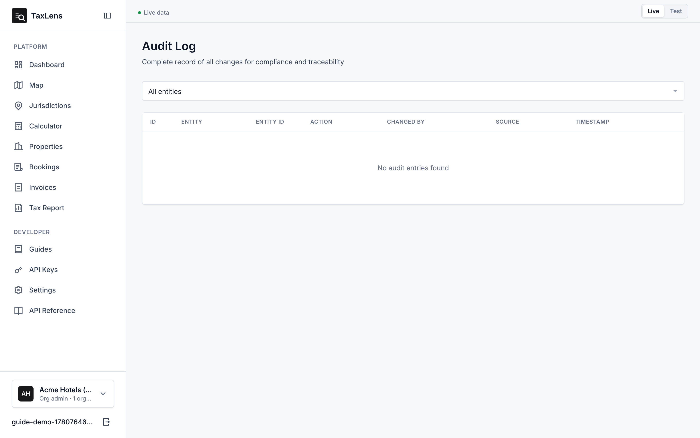 The Audit Log table with columns for ID, entity, entity ID, action, changed by, change source, and timestamp, above an expanded entry showing old and new values side by side.