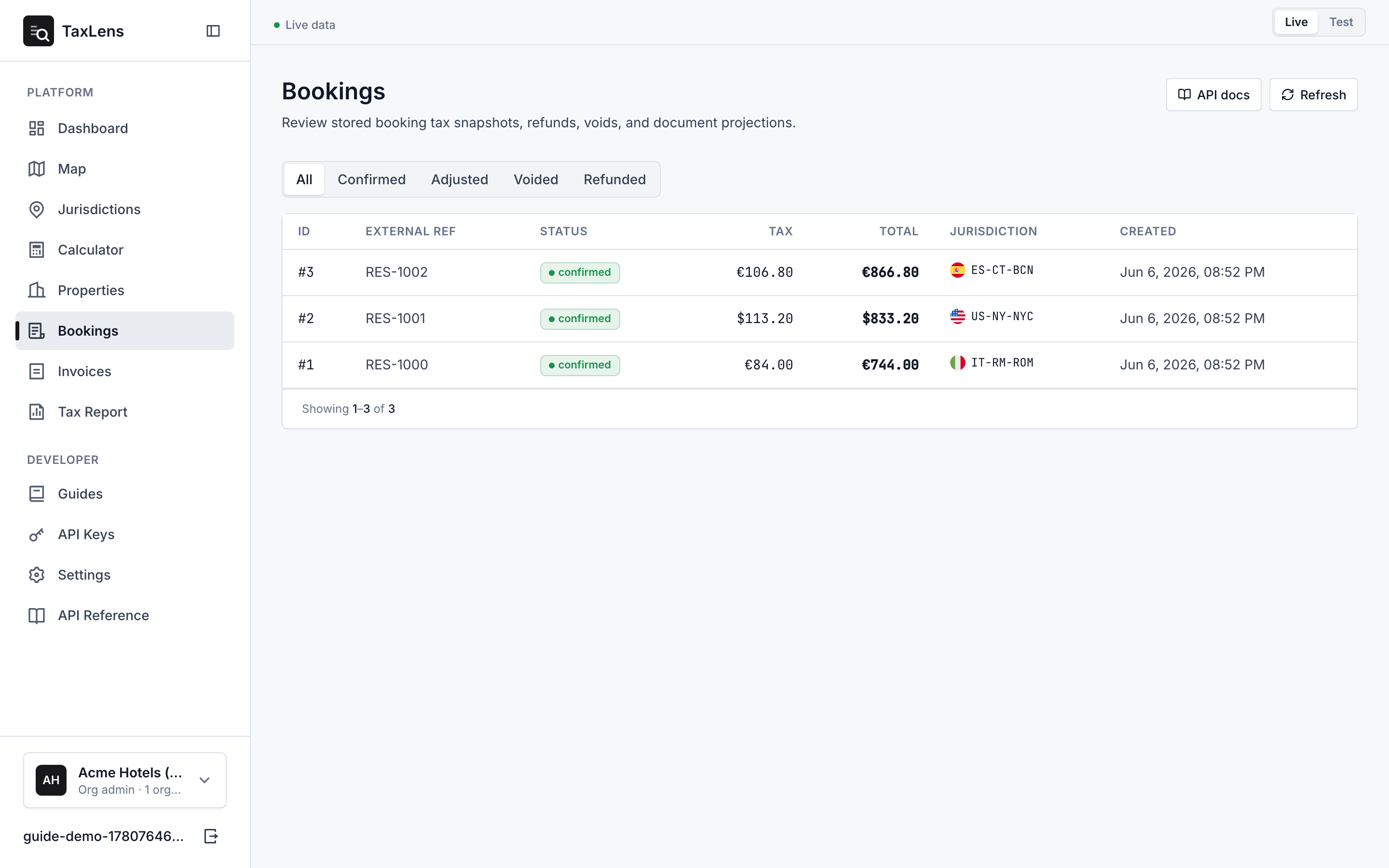 The bookings list with status filter tabs and rows showing ID, external reference, status, tax, total, jurisdiction, and created date.