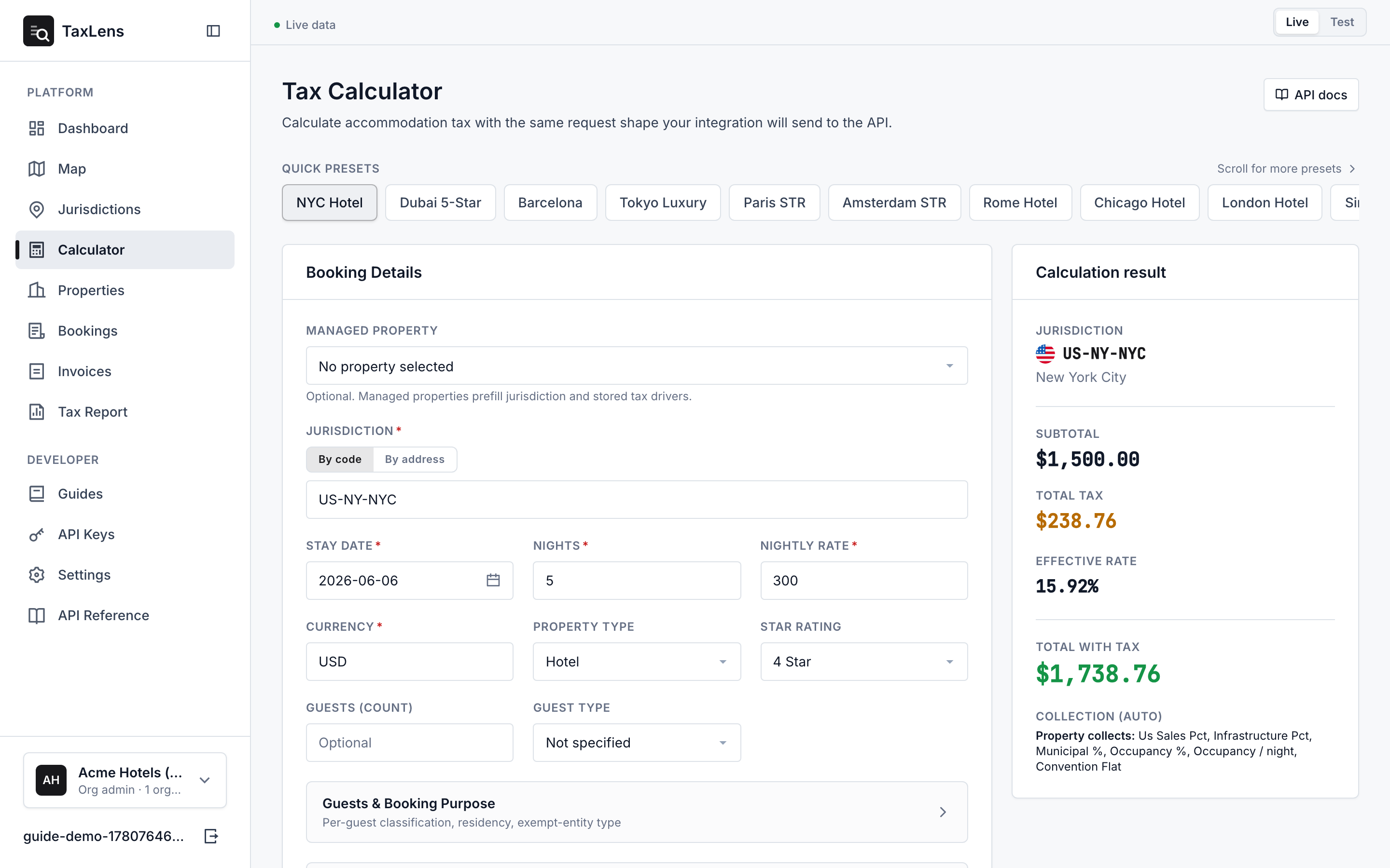 The calculator with the booking-details form on the left, the quick presets above, and the result panel with subtotal, total tax, and total-with-tax on the right.