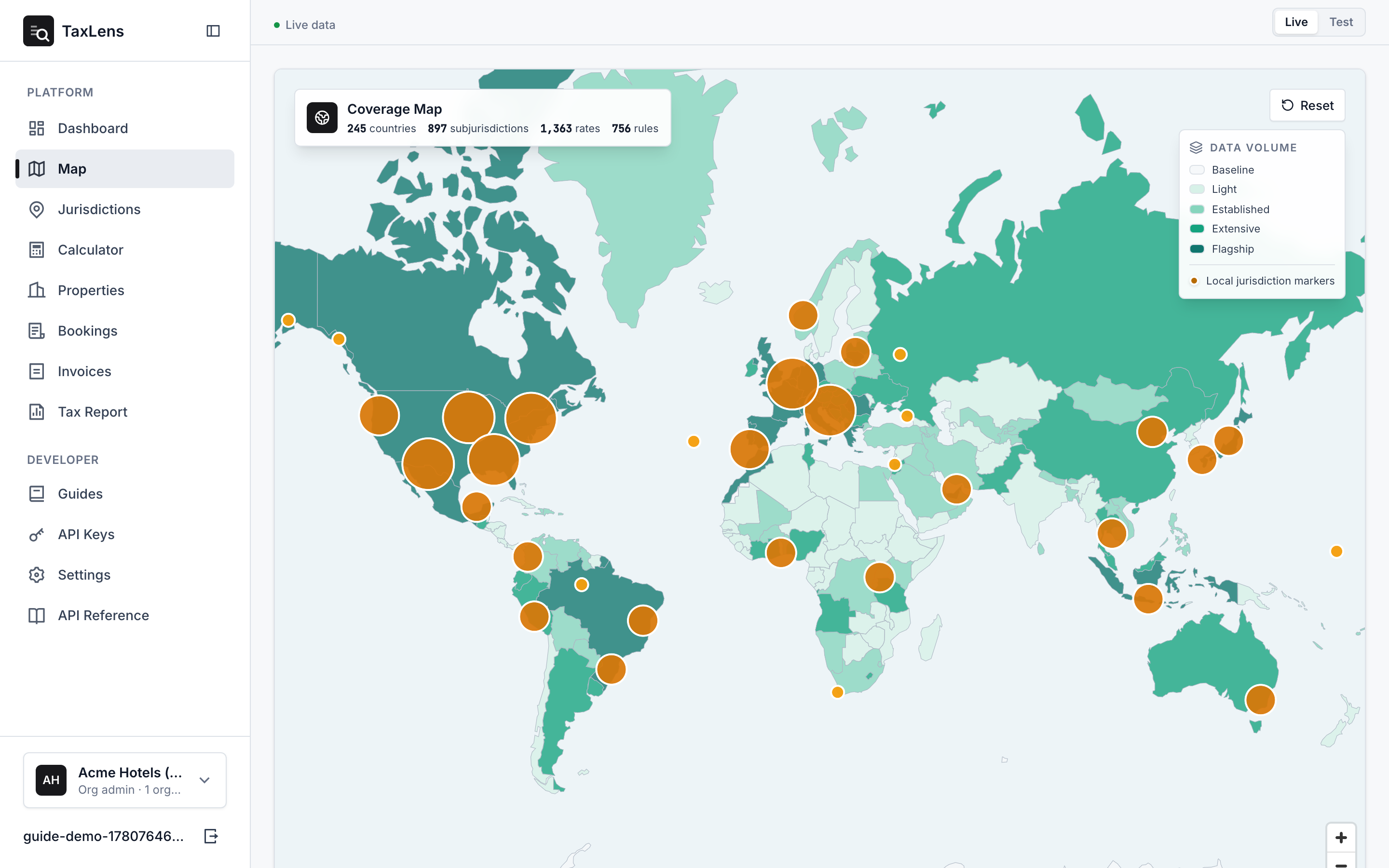 The interactive coverage map of the world, countries shaded by data volume with amber city markers and a legend and totals card overlaid.
