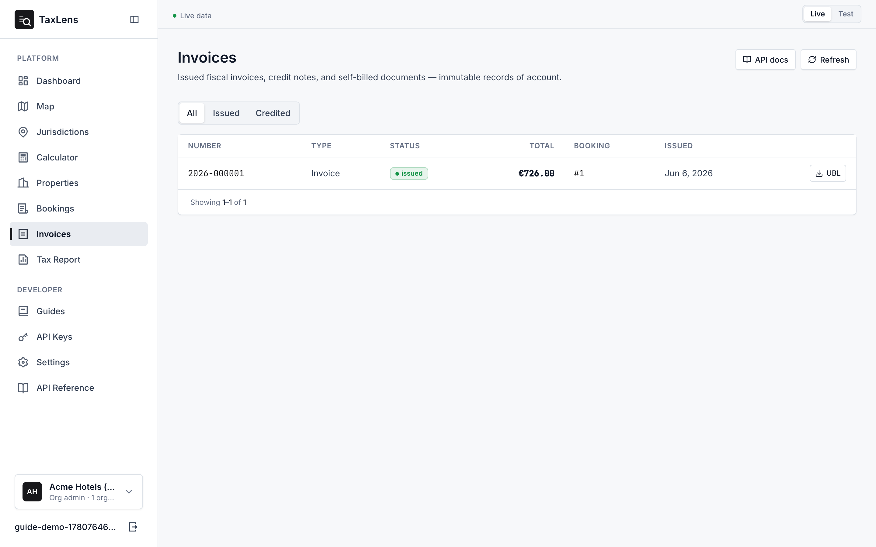 The invoices list with status filter tabs and rows showing fiscal number, document type, status, total, source booking, and issue date, each with a UBL download button.