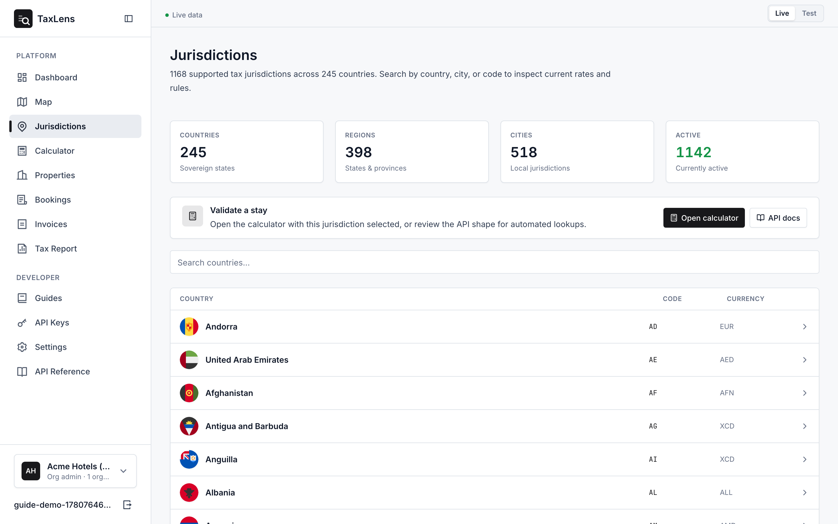 The jurisdictions browser showing a country selected with a breadcrumb, the Overview/Rates/Rules tabs, and a list of sub-jurisdictions.