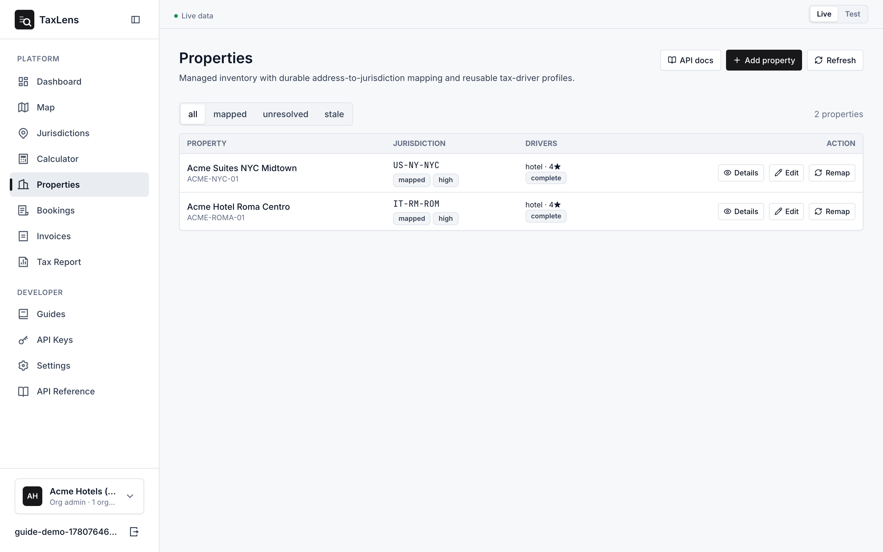 The Properties list with a status filter, and rows showing each property's jurisdiction, mapping status, confidence, and tax drivers, plus Details / Edit / Remap actions.