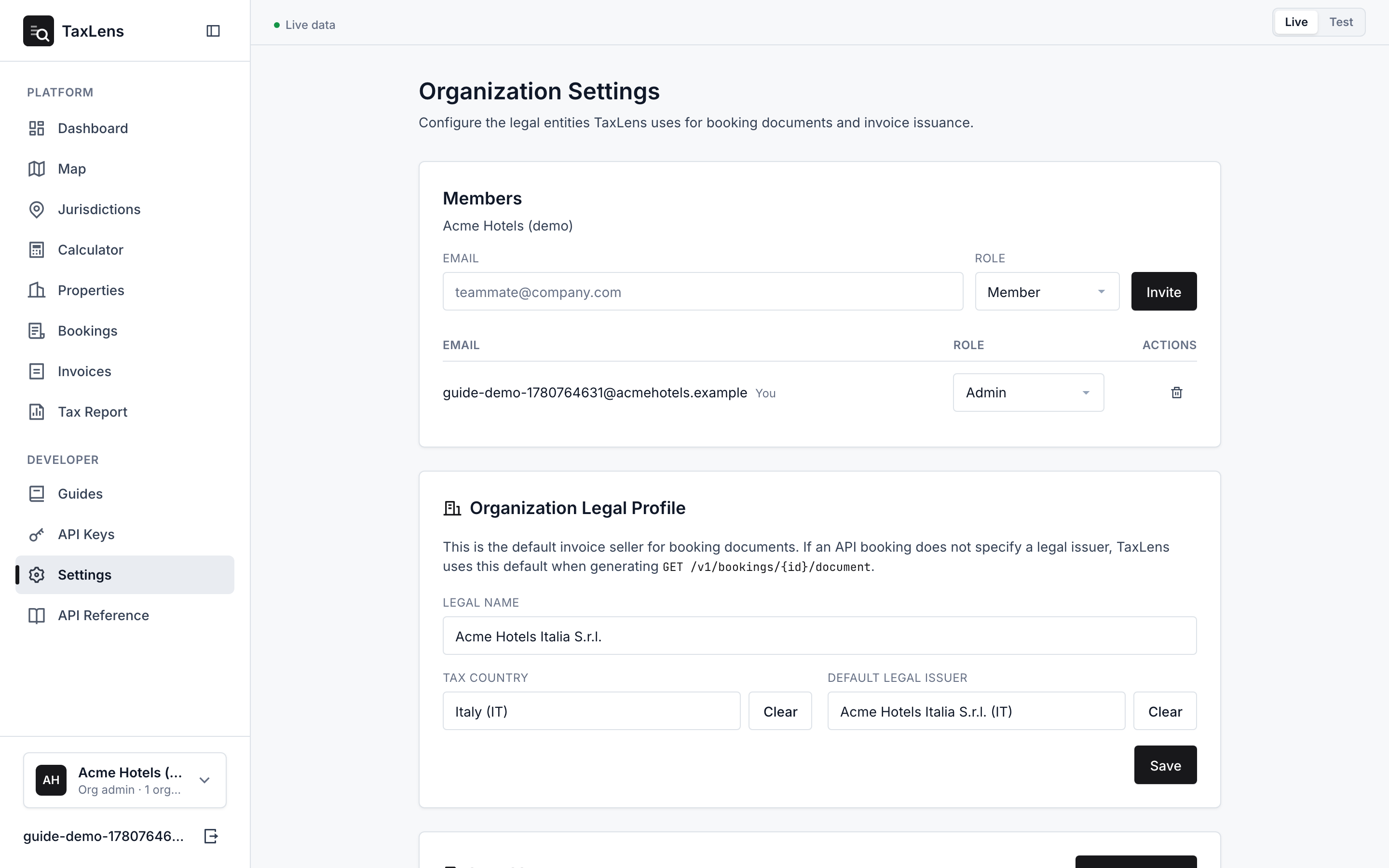 Organization Settings with three stacked sections: Members (with an invite form and member table), Organization Legal Profile, and Legal Issuers.