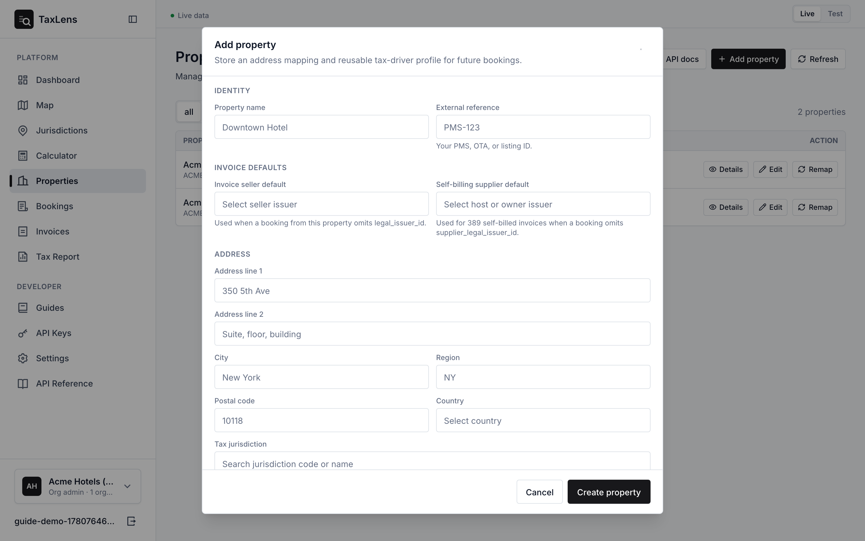 The new-property form with name and address fields, and the resolved jurisdiction with a confidence badge.