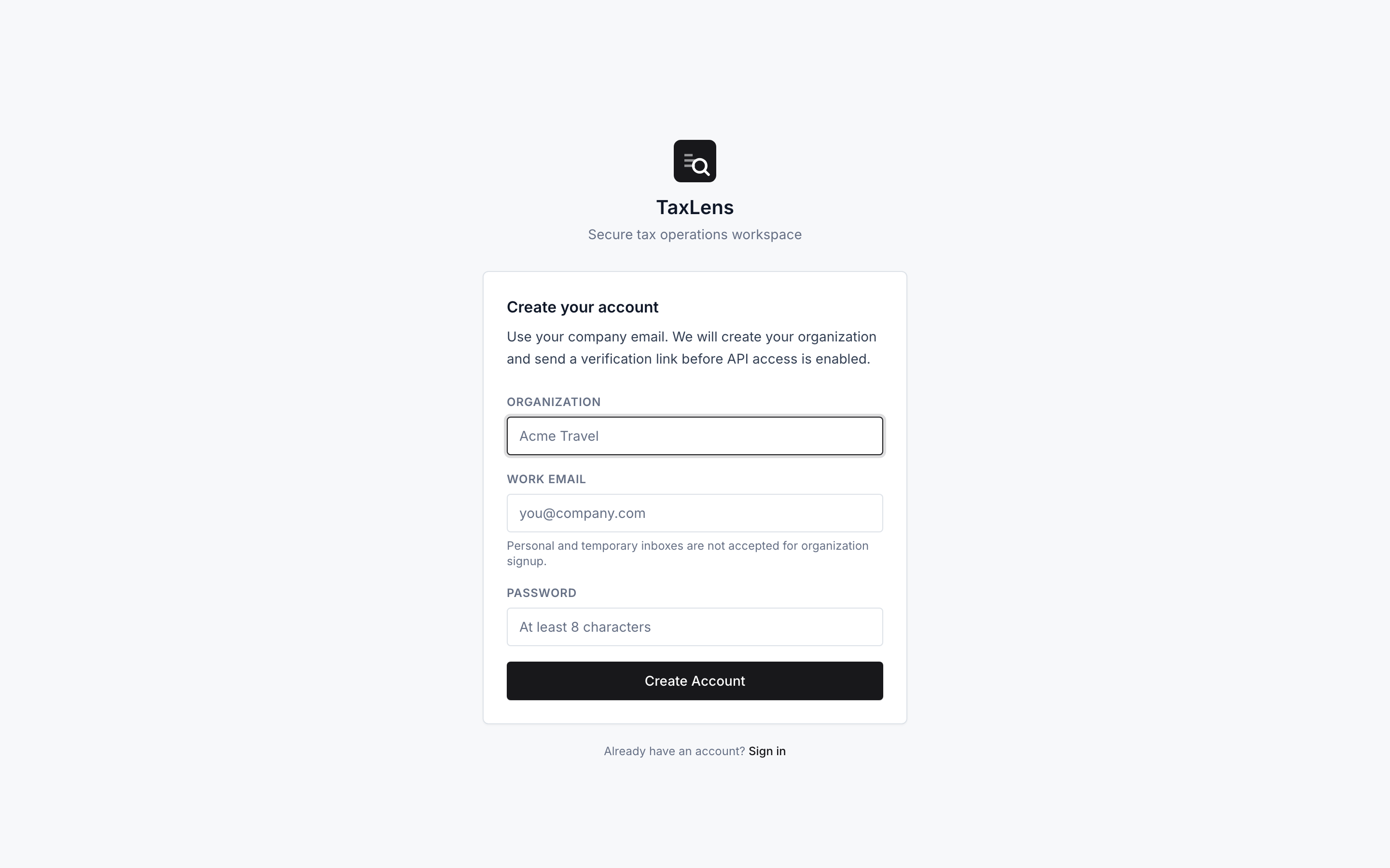 The TaxLens sign-up form with organization, work email, and password fields.